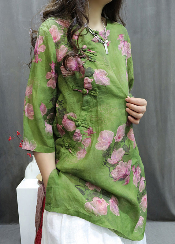 Handmade Green O-Neck Print Button Top Summer VB1078 Ada Fashion