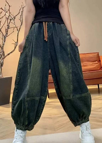 Pockets Waist Lantern Elastic Handmade Patchwork Green Pants FashionChic