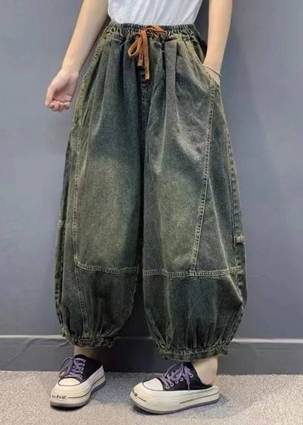 Pockets Waist Lantern Elastic Handmade Patchwork Green Pants FashionChic