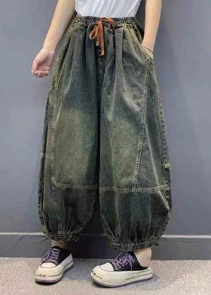 Pockets Waist Lantern Elastic Handmade Patchwork Green Pants FashionChic