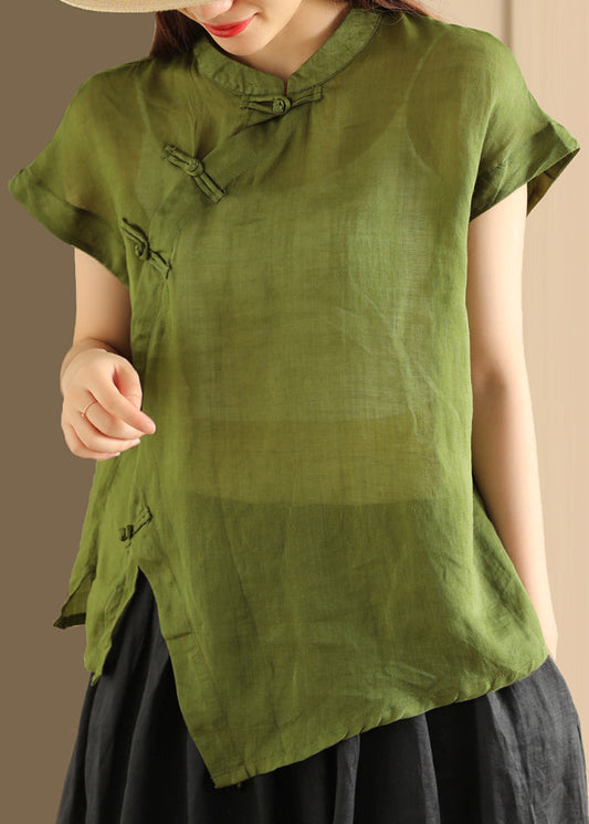 Button Top Green Collar Linen Handmade Stand Summer FashionChic