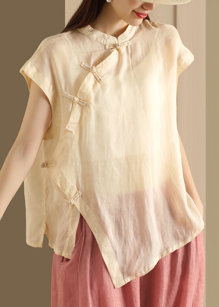 Button Top Green Collar Linen Handmade Stand Summer FashionChic