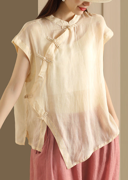 Button Top Green Collar Linen Handmade Stand Summer FashionChic