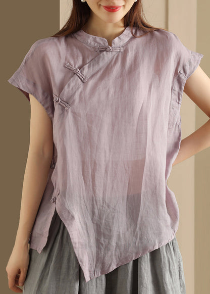 Button Top Green Collar Linen Handmade Stand Summer FashionChic