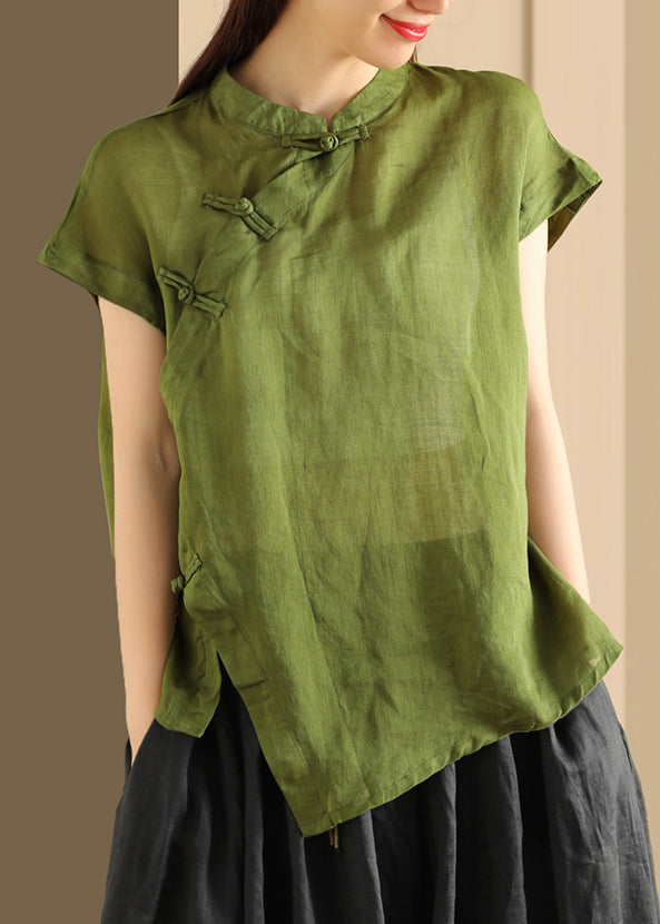Button Top Green Collar Linen Handmade Stand Summer FashionChic