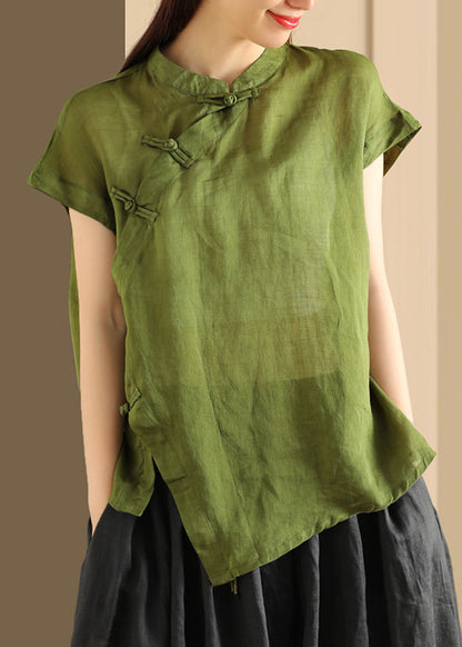 Button Top Green Collar Linen Handmade Stand Summer FashionChic