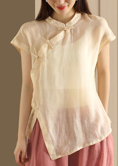 Button Top Green Collar Linen Handmade Stand Summer FashionChic