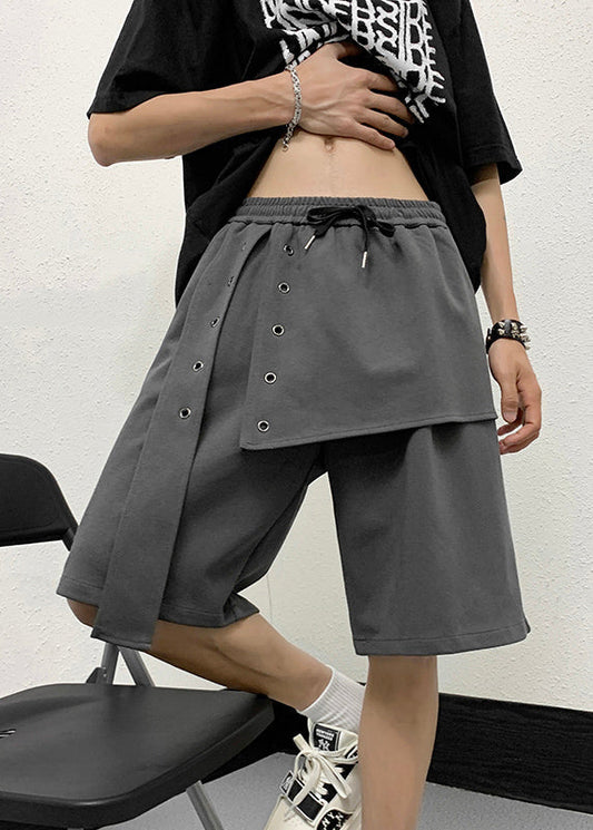 Handmade Grey Elastic Waist Patchwork Men Crop Pants YT008 Men-Silk-MENCP240721