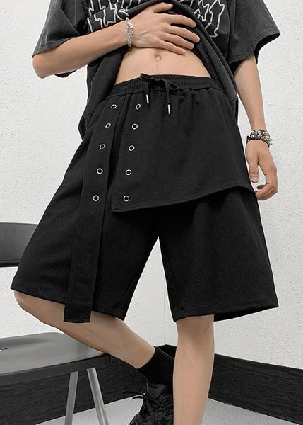 Handmade Grey Elastic Waist Patchwork Men Crop Pants YT008 Men-Silk-MENCP240721