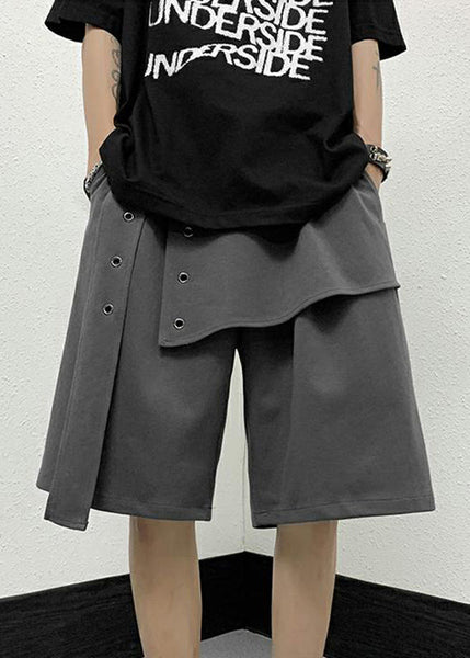 Handmade Grey Elastic Waist Patchwork Men Crop Pants YT008 Men-Silk-MENCP240721