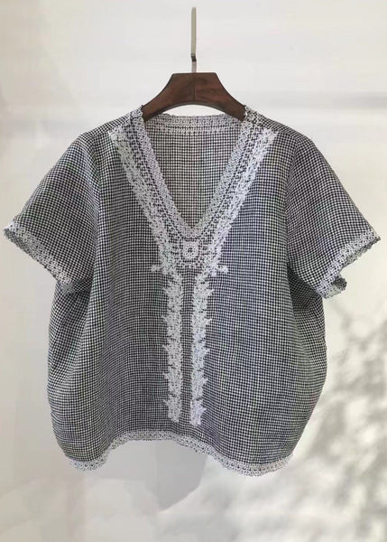 Embroideried Plaid Vest Linen Beach Summer Handmade Grey FashionChic