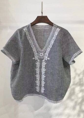 Embroideried Plaid Vest Linen Beach Summer Handmade Grey FashionChic