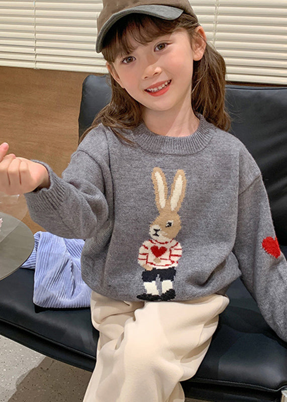 Handmade Grey O-Neck Print Cotton Knit Girls Sweater Winter WL044 MM-RCTZ-NTGP241120