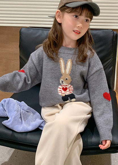 Handmade Grey O-Neck Print Cotton Knit Girls Sweater Winter WL044 MM-RCTZ-NTGP241120