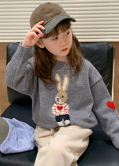 Handmade Grey O-Neck Print Cotton Knit Girls Sweater Winter WL044 MM-RCTZ-NTGP241120