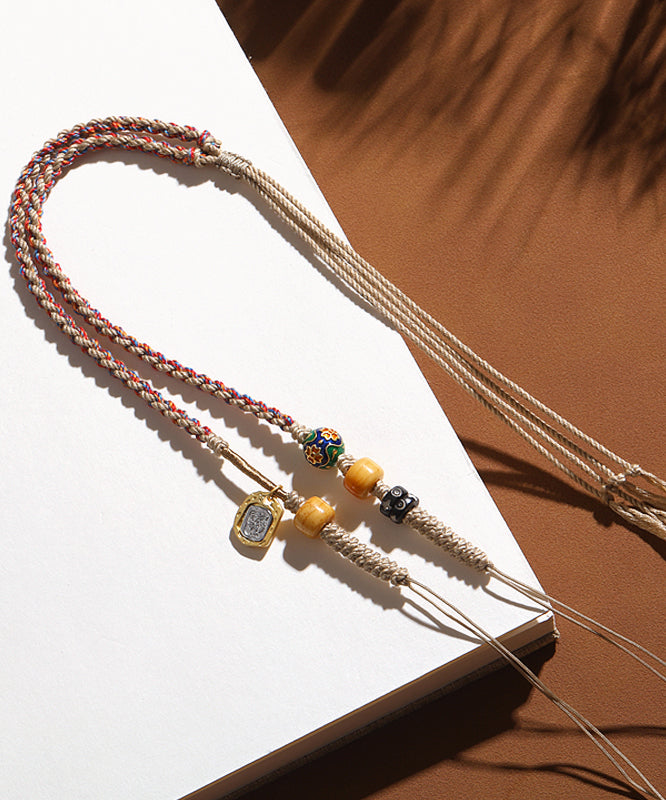 Handmade Khaki Cloisonne Barrel Bead Tassel Lariat Necklace GH1036 Ada Fashion