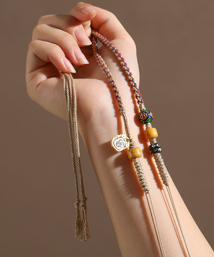 Handmade Khaki Cloisonne Barrel Bead Tassel Lariat Necklace GH1036 Ada Fashion