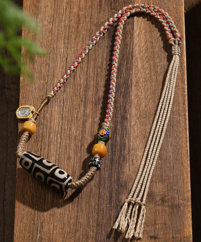 Handmade Khaki Cloisonne Barrel Bead Tassel Lariat Necklace GH1036 Ada Fashion