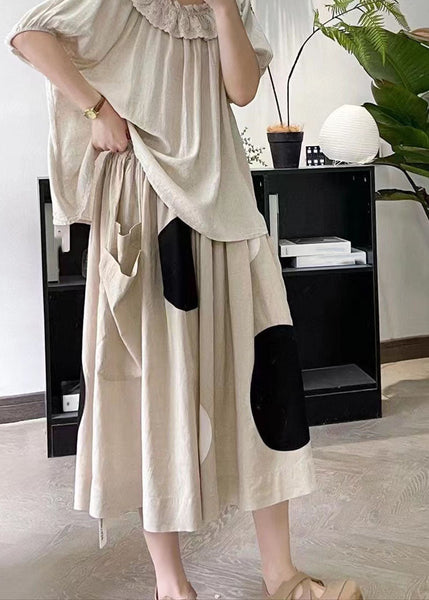 Handmade Khaki Dot Pockets Elastic Waist A Line Skirt Summer BV020 MZF-SKTS240702