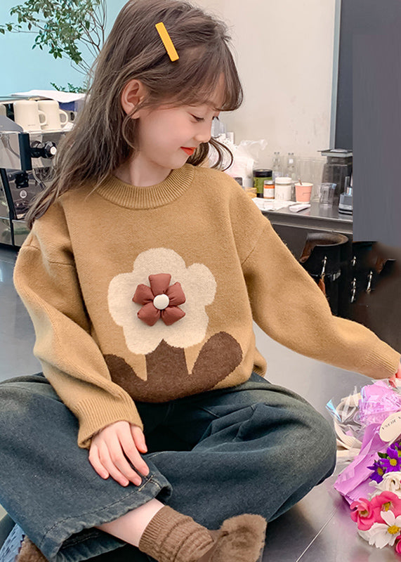 Handmade Khaki Floral Print Cotton Knit Girls Sweaters Winter WL049 MM-RCTZ-NTGP241120