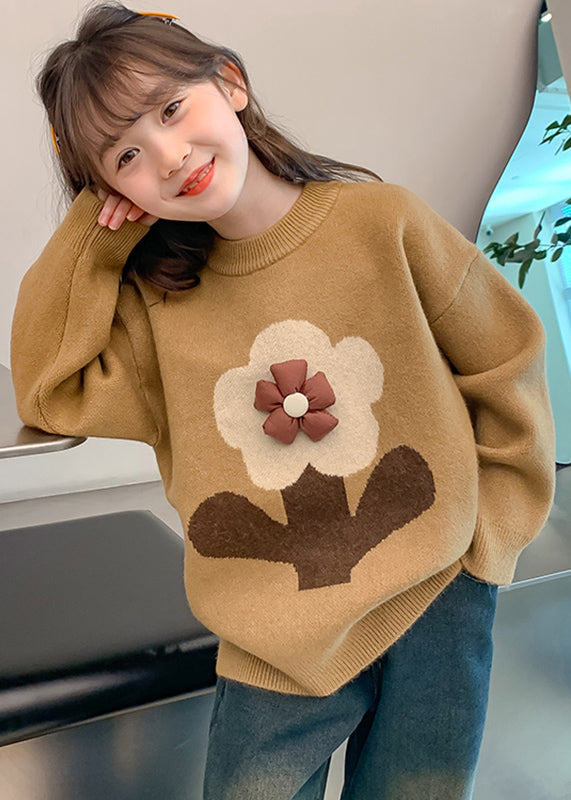 Handmade Khaki Floral Print Cotton Knit Girls Sweaters Winter WL049 MM-RCTZ-NTGP241120