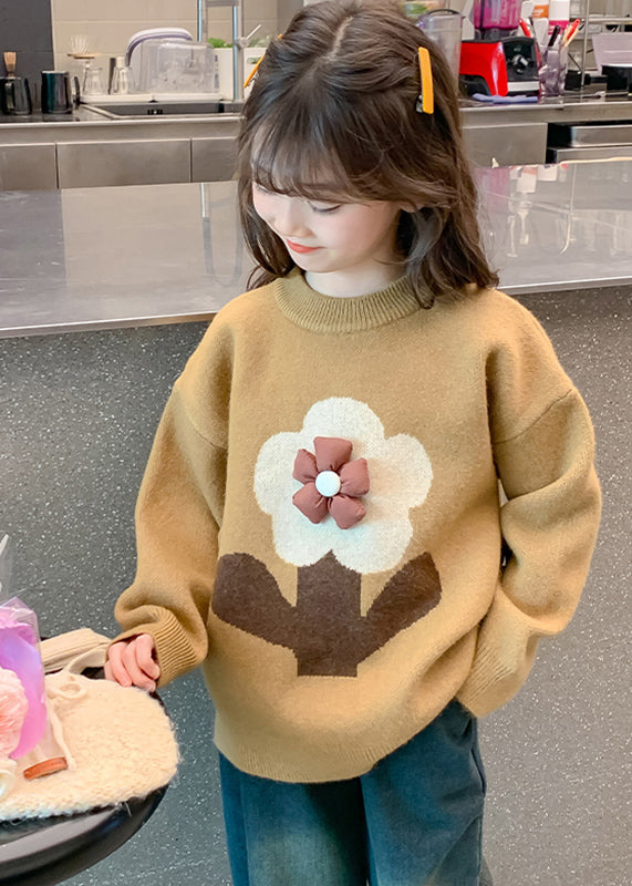 Handmade Khaki Floral Print Cotton Knit Girls Sweaters Winter WL049 MM-RCTZ-NTGP241120