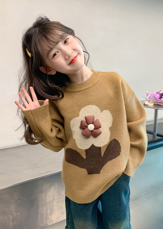 Handmade Khaki Floral Print Cotton Knit Girls Sweaters Winter WL049 MM-RCTZ-NTGP241120