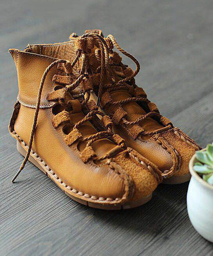 Handmade Khaki Lace Up Zippered Cowhide Leather Ankle Boots RT1048 Ada Fashion