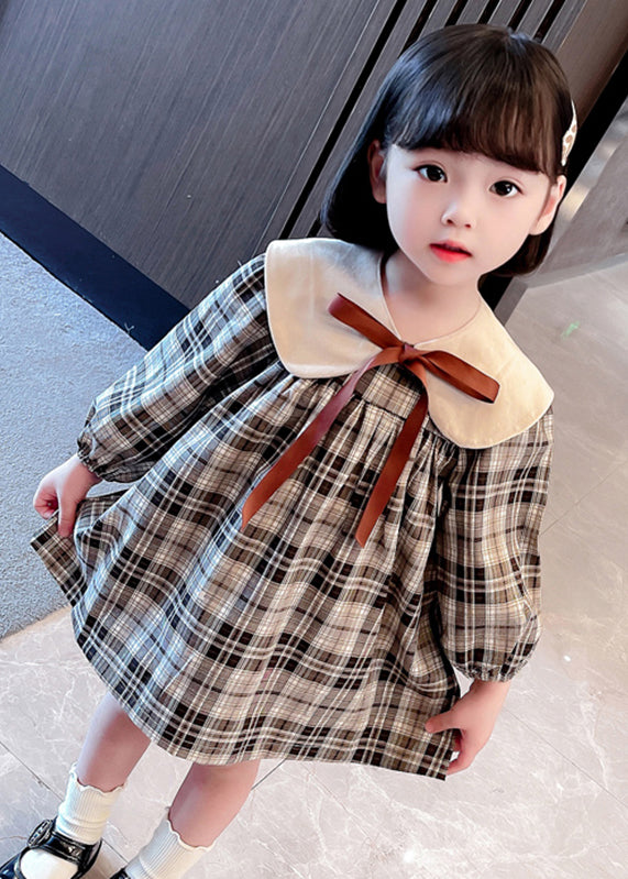 Handmade Khaki Plaid Bow Detachable Girls Mid Dresses Long Sleeve SS1050 MM-RCTZ-FDM240601