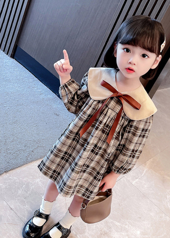 Handmade Khaki Plaid Bow Detachable Girls Mid Dresses Long Sleeve SS1050 MM-RCTZ-FDM240601