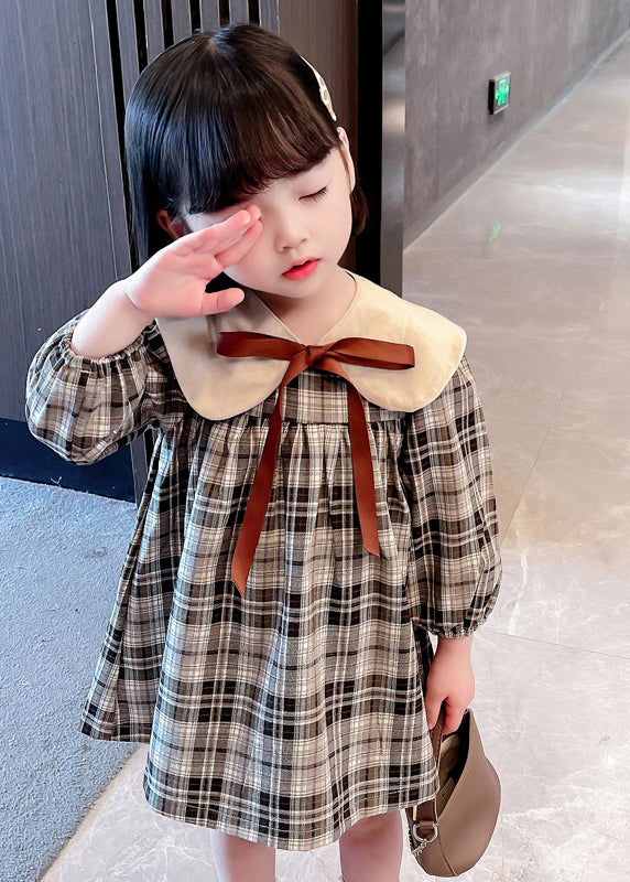 Handmade Khaki Plaid Bow Detachable Girls Mid Dresses Long Sleeve SS1050 MM-RCTZ-FDM240601