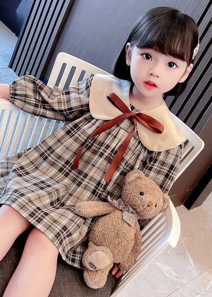 Handmade Khaki Plaid Bow Detachable Girls Mid Dresses Long Sleeve SS1050 MM-RCTZ-FDM240601