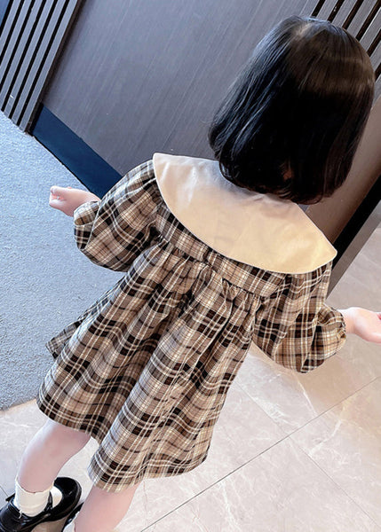 Handmade Khaki Plaid Bow Detachable Girls Mid Dresses Long Sleeve SS1050 MM-RCTZ-FDM240601