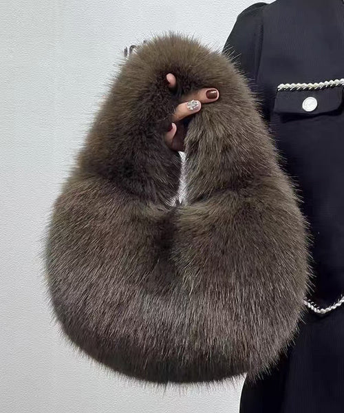 Handmade Khaki Stylish Faux Fur Satchel Handbag RB044 ABC