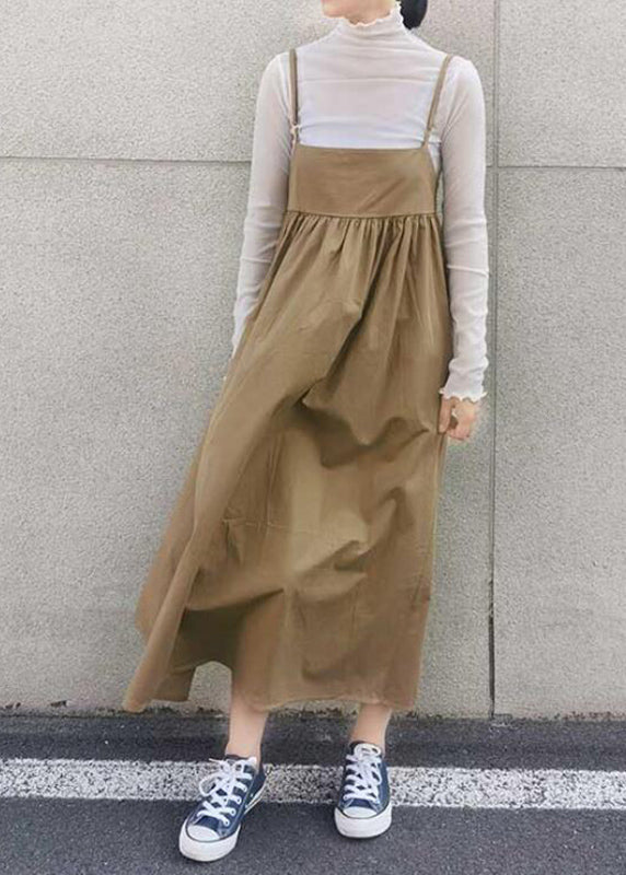 Handmade Khaki Wrinkled Dress Strap Long Patchwork Spaghetti FashionChic