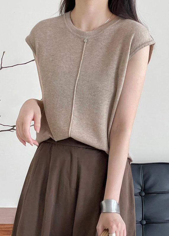 Handmade Light Camel O Neck Woolen Shirt Top Sleeveless WR009 HS-STP241103