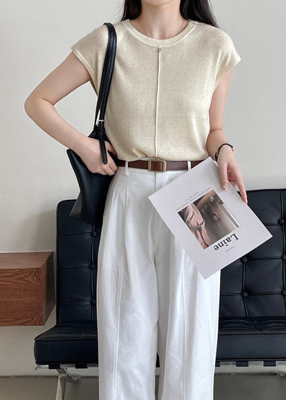 Handmade Light Camel O Neck Woolen Shirt Top Sleeveless WR009 HS-STP241103