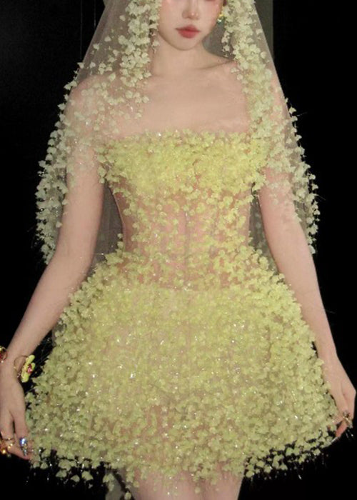 Yellow Handmade Strapless Waist Mid High Dress Tulle Light FashionChic