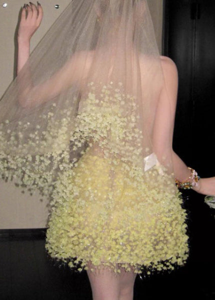 Yellow Handmade Strapless Waist Mid High Dress Tulle Light FashionChic