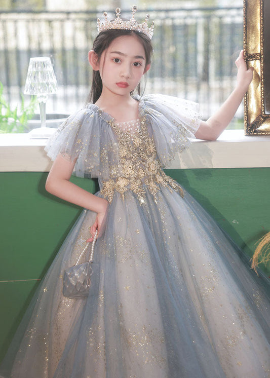 Handmade Little Grey V Neck Sequins Patchwork Tulle Girls Maxi Dress Summer QV019 WS-JRTZSDGL241026