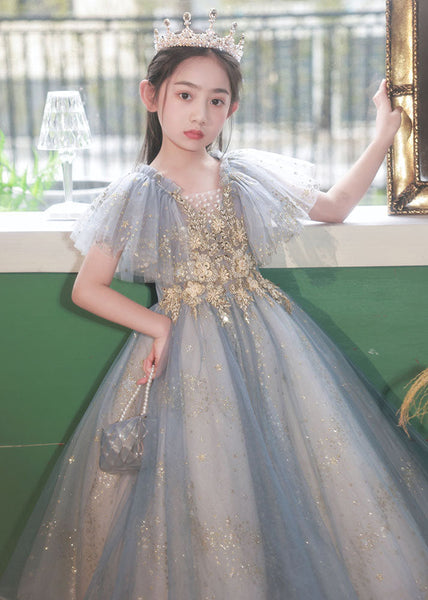Handmade Little Grey V Neck Sequins Patchwork Tulle Girls Maxi Dress Summer QV019 WS-JRTZSDGL241026