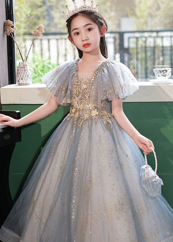 Handmade Little Grey V Neck Sequins Patchwork Tulle Girls Maxi Dress Summer QV019 WS-JRTZSDGL241026