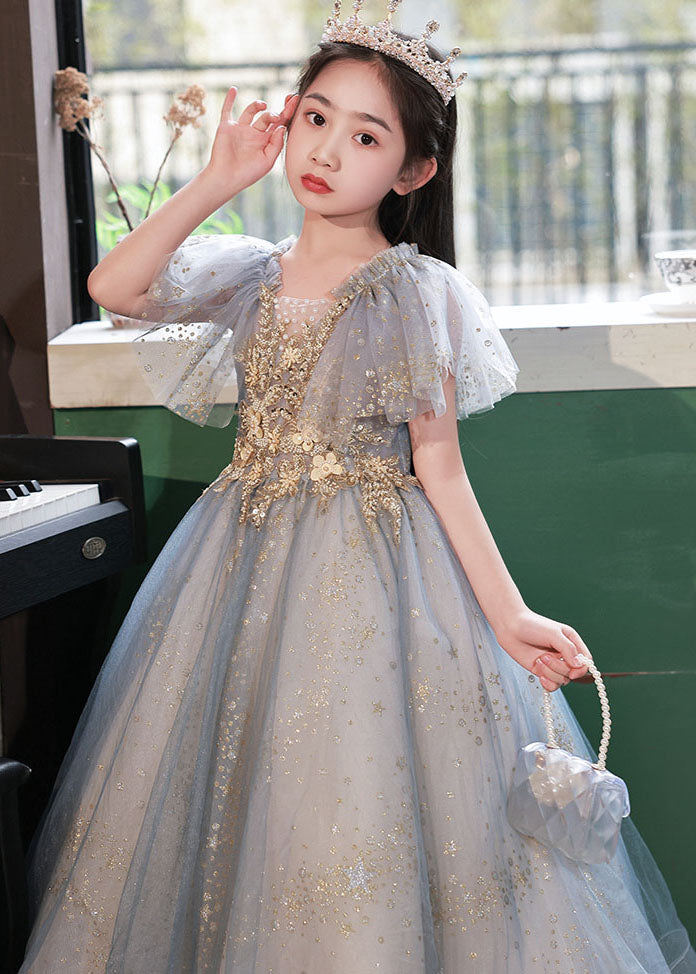 Handmade Little Grey V Neck Sequins Patchwork Tulle Girls Maxi Dress Summer QV019 WS-JRTZSDGL241026