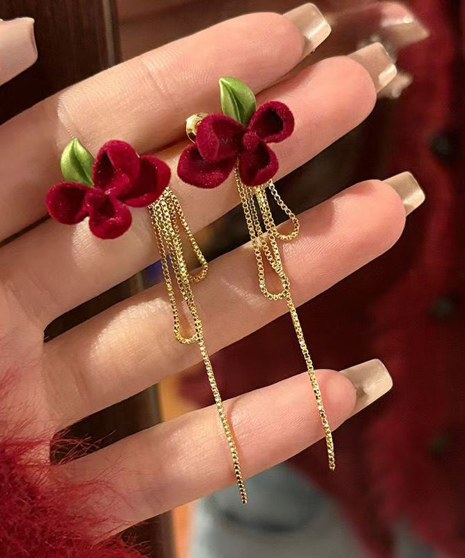 Handmade Mulberry Alloy Silk Velvet Gardenia Flower Tassel Drop Earrings WH035 JEW-EAR241116