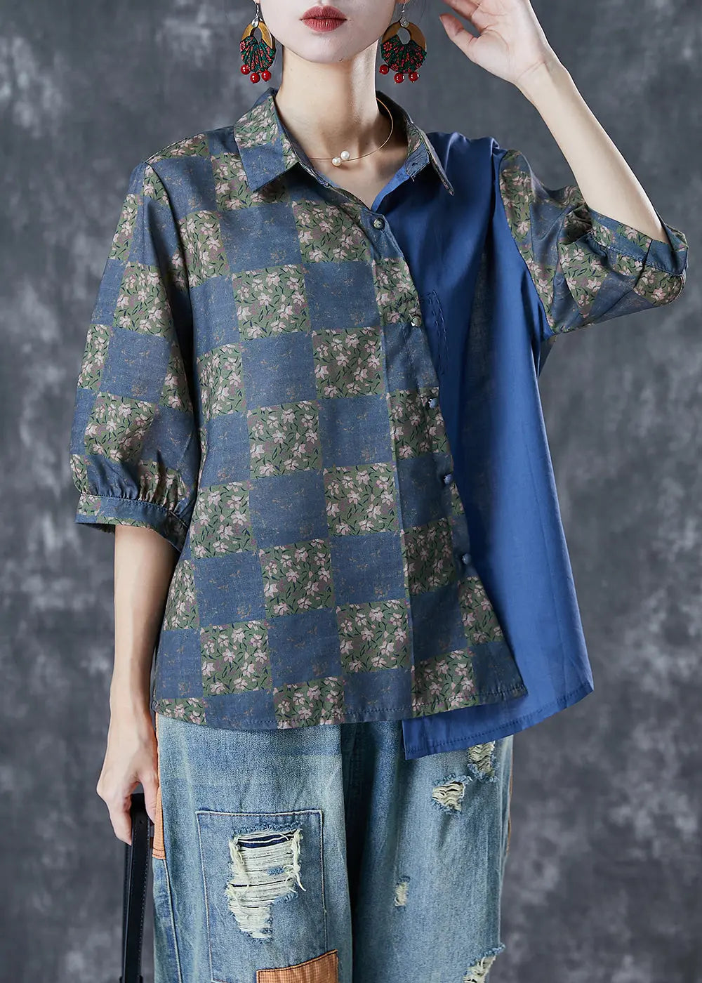 Handmade Navy Asymmetrical Patchwork Linen Top Half Sleeve Ada Fashion