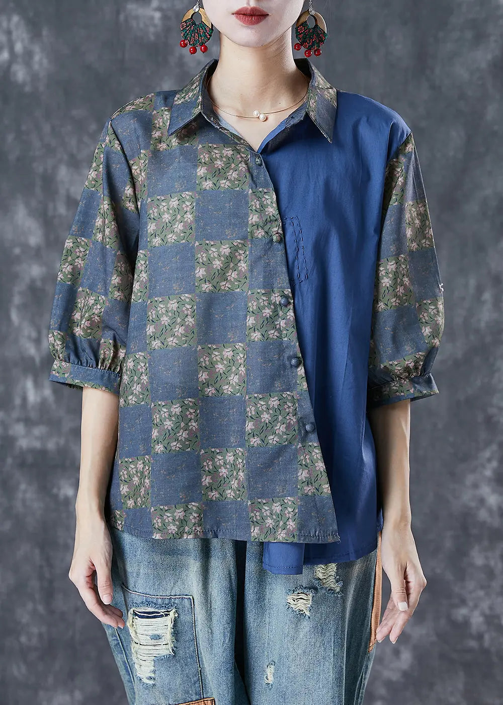 Handmade Navy Asymmetrical Patchwork Linen Top Half Sleeve Ada Fashion