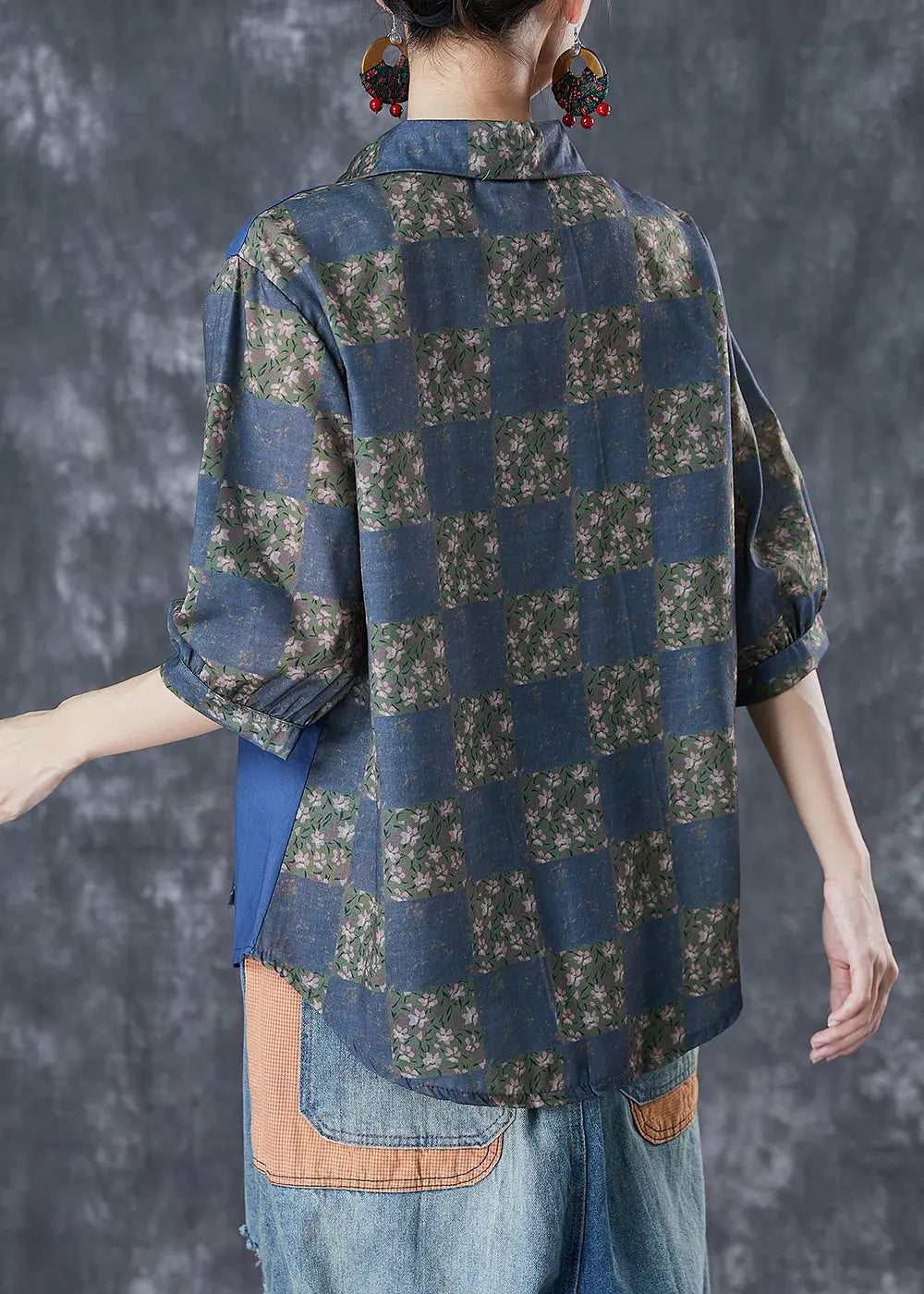 Handmade Navy Asymmetrical Patchwork Linen Top Half Sleeve Ada Fashion