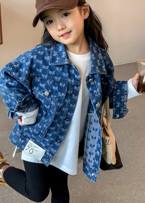 Handmade Navy Peter Pan Collar Print Kids Denim Coat Fall QV041 MM-RCTZCGTS241026