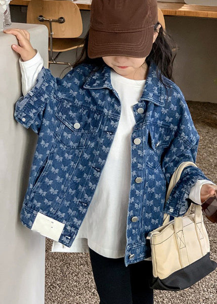 Handmade Navy Peter Pan Collar Print Kids Denim Coat Fall QV041 MM-RCTZCGTS241026