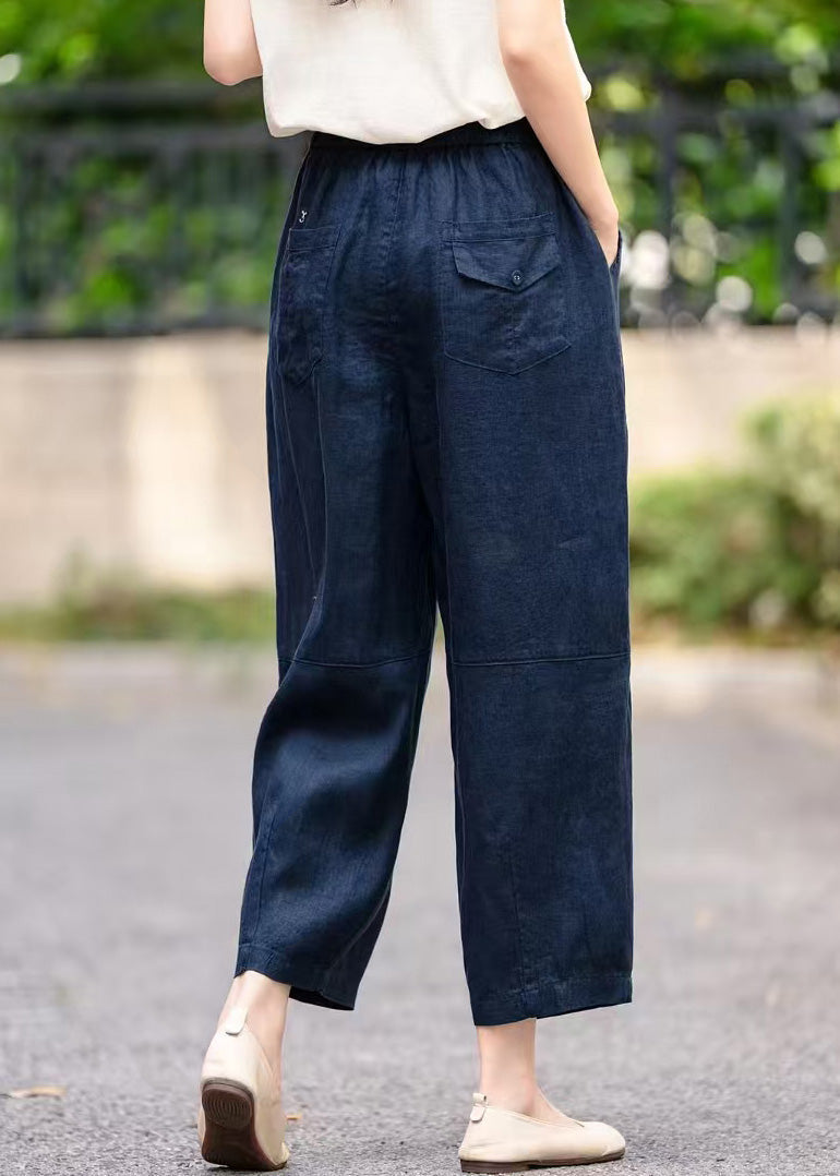 Pants Navy Waist Elastic Pockets Summer Crop Linen Handmade FashionChic